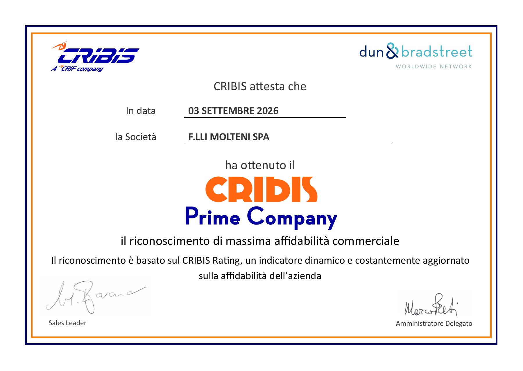 Attestato CRIBIS Prime Company di F.lli Molteni S.p.A. del 3 settembre 2026